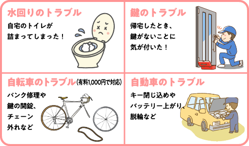 水回りのトラブル・鍵のトラブル・自転車のトラブル・自動車のトラブル
